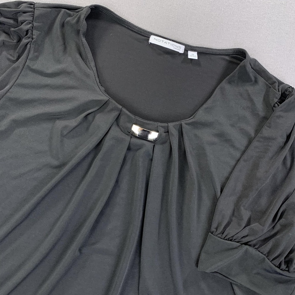 Notations Shirt Womens 1X Black Scoop Neck Pleated Short Sleeve Stretch‎ Top